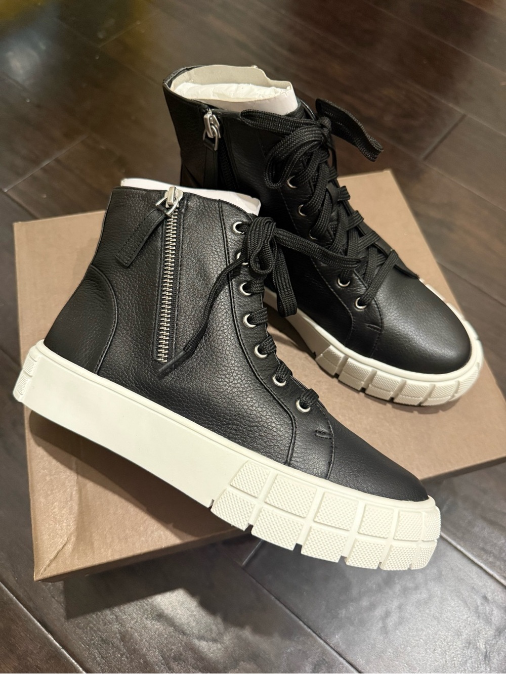 Línea Paolo Black Leather High-Top Sneakers with Cream Sole